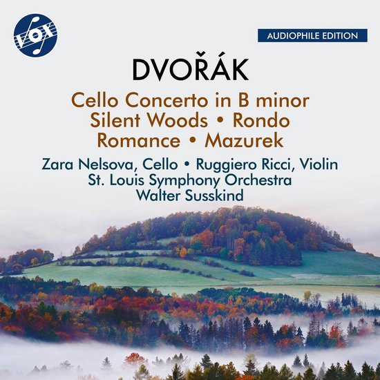 CD-hoes met afbeelding van heuvelachtig landschap in herfstkleuren. Tekst: Dvořák Cello Concerto in B minor, Silent Woods, Rondo, Romance, Mazurek. Zara Nelsova, Cello. Ruggiero Ricci, Violin.