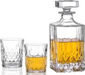 Whiskey karaf met 2 glazen, whiskyset, 3-delig, whiskykaraf 700 ml en whiskyglazen 300 ml, 2 stuks, kristalglazen en longdrinkglazen