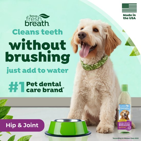 Een witte, krullende hond zit naast een bakje en een flesje Fresh Breath Dental Health Solution. De tekst "Cleans teeth without brushing" staat links.