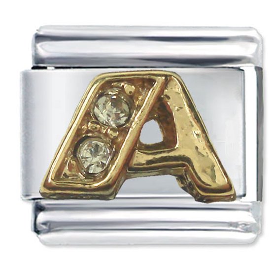 Quiges - Schakel - Bedel - 9mm - charms - Goud - Zirkonia - alfabet - letter A - Geschikt voor - Nomination- armband - Schakelarmband - italy bedels armband