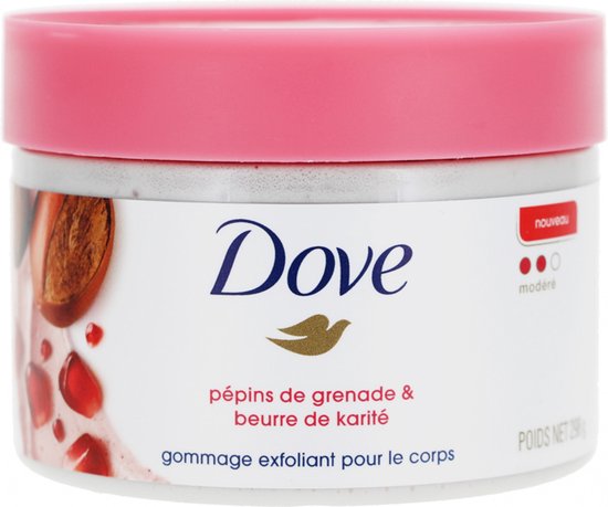 Dove body scrub met granaatappelpitten en sheaboter. Pot met roze deksel en "nouveau" sticker.