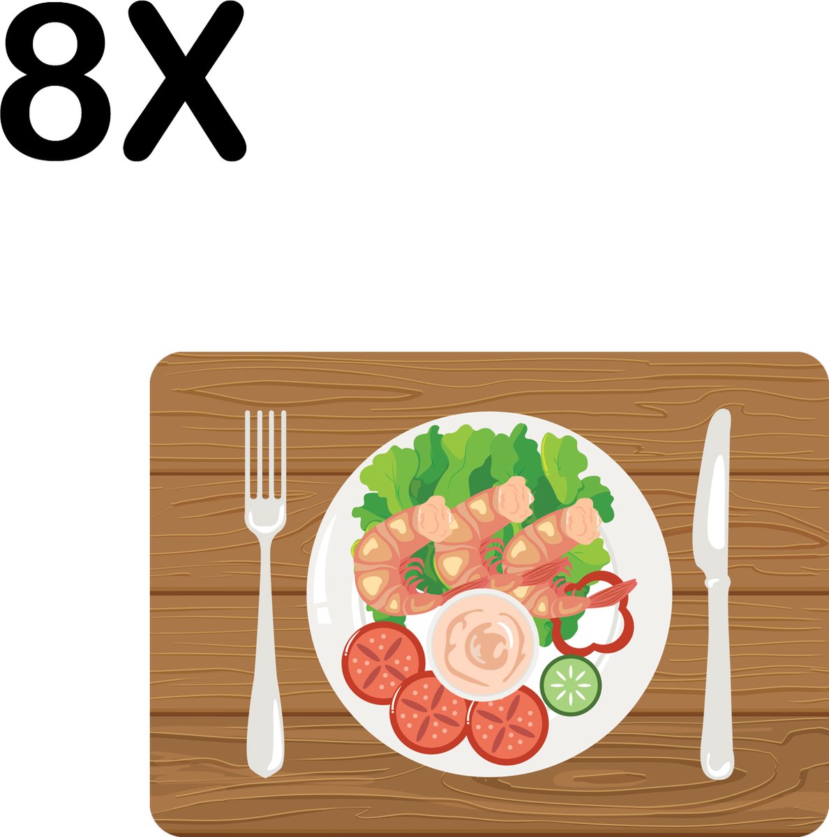 BWK Luxe Placemat - Getekend Bord en Bestek met Garnalen - Set van 8 Placemats - 35x25 cm - 2 mm dik Vinyl - Anti Slip - Afneembaar