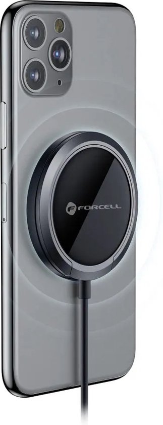 Forcell - F-Energy PowerPod - USB-C Kabel geschikt voor Telefoon met Magsafe Magneet - Draadloze oplader met Ring/Standaard - 15W - Zwart