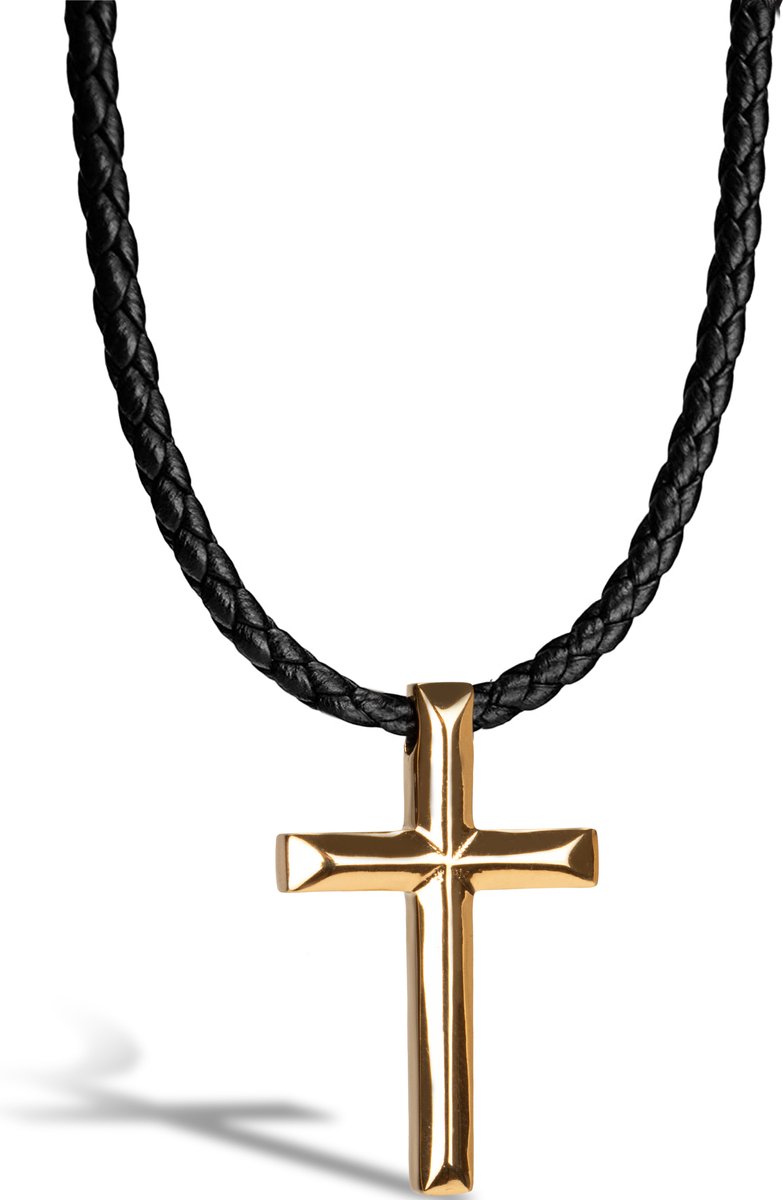 SERASAR Lederen Halsband Man [Cross], Goud 60cm, Huwelijksgeschenken voor Mannen