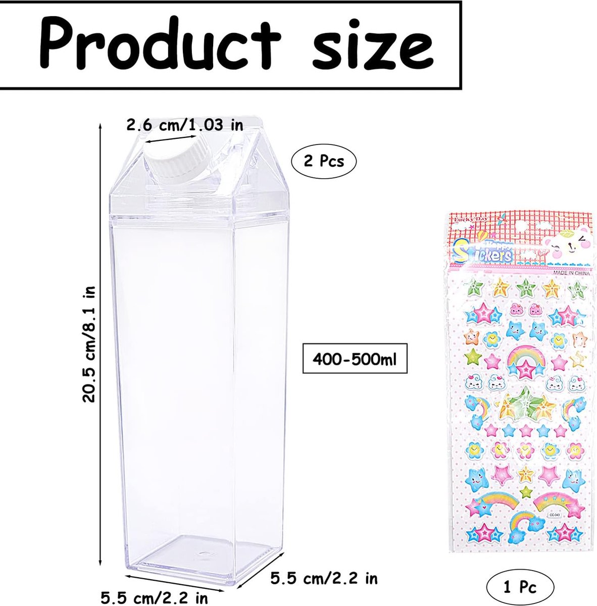 Cisolen 2 Pièces Bouteille de Lait Transparent Carton avec Autocollants Décoratifs 500 ml pour Jus, Boissons, Lait