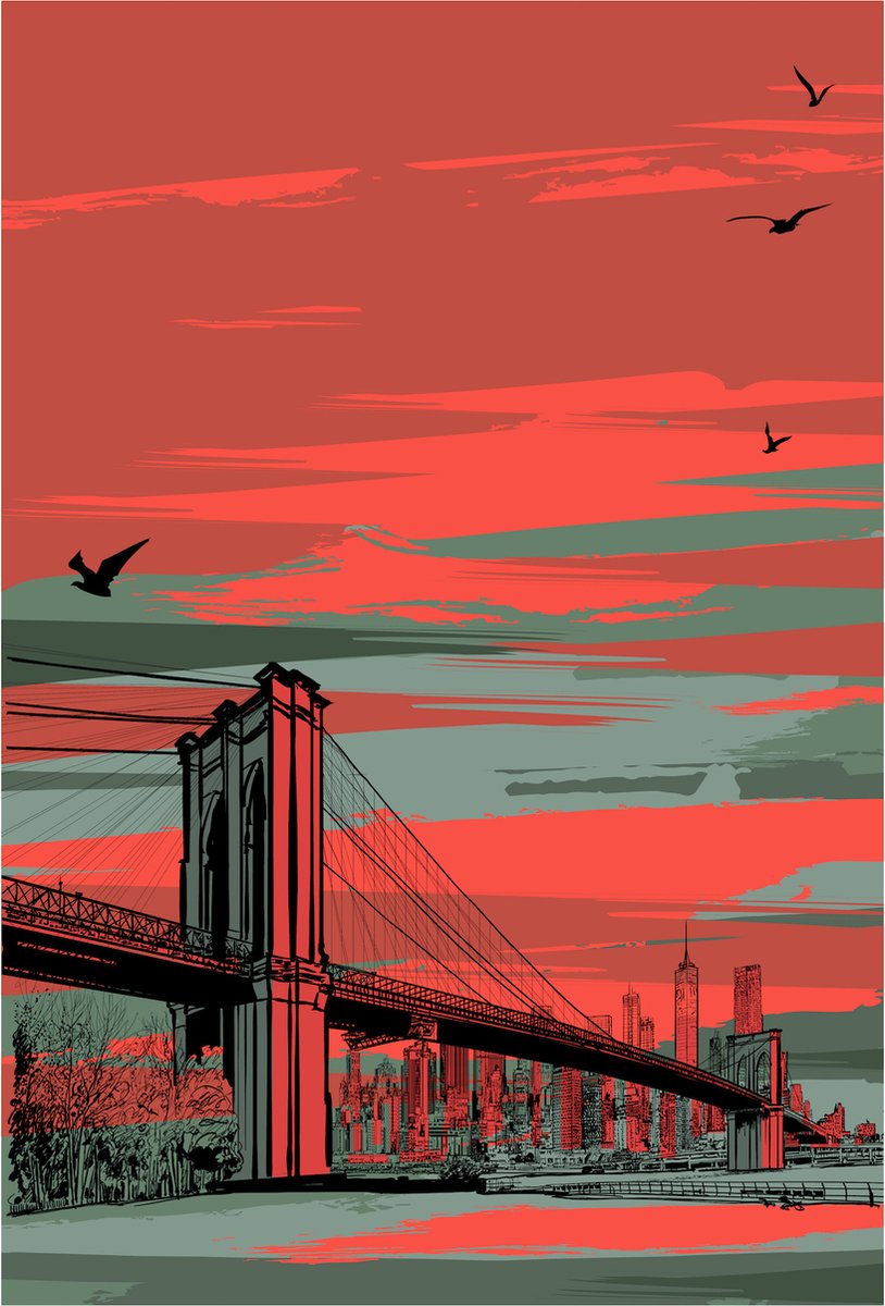 karo-art Poster - Brooklyn Bridge Illustratie, USA, premium print Multikleur