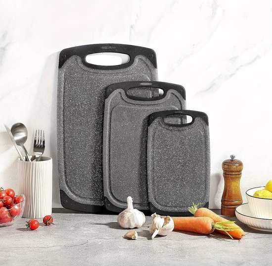 Set de Planches à découper Royalty Line ® CB3PCB - 25/31/40 cm - Antidérapantes - Poignée ergonomique - Planches de cuisine - Passe au lave-vaisselle - Plastique - Avec zone de broyage pour broyer l'ail et le gingembre - Zwart