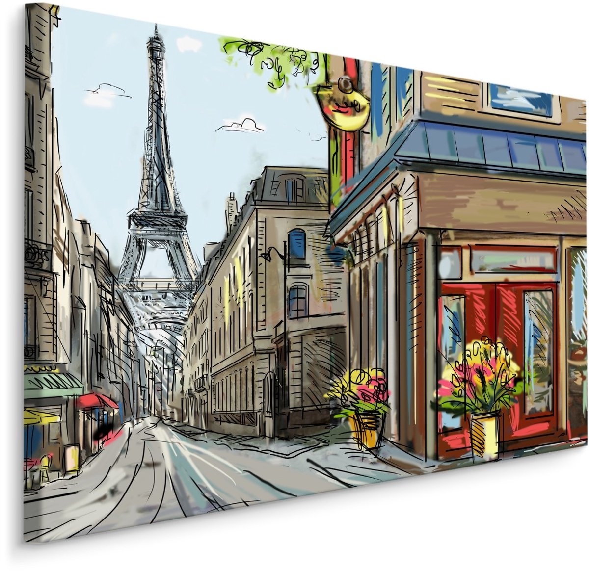 karo-art Schilderij - Tekening van Parijs, Print op Canvas, Premium Print Multikleur