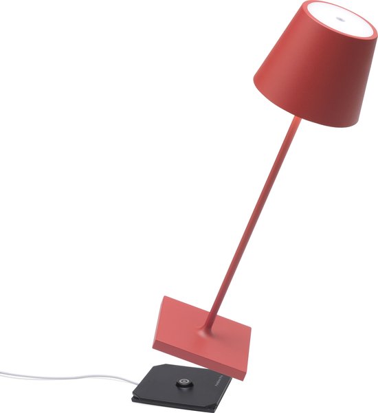 Zafferano Poldina Pro Tafellamp - Oplaadbare Buitenlamp Rood - IP65 Spatwaterdicht - Bureaulamp Snoerloos - Dimbare LED Lamp - Tuinlamp met Draadloos Oplaadstation - 38 cm x Ø 11cm