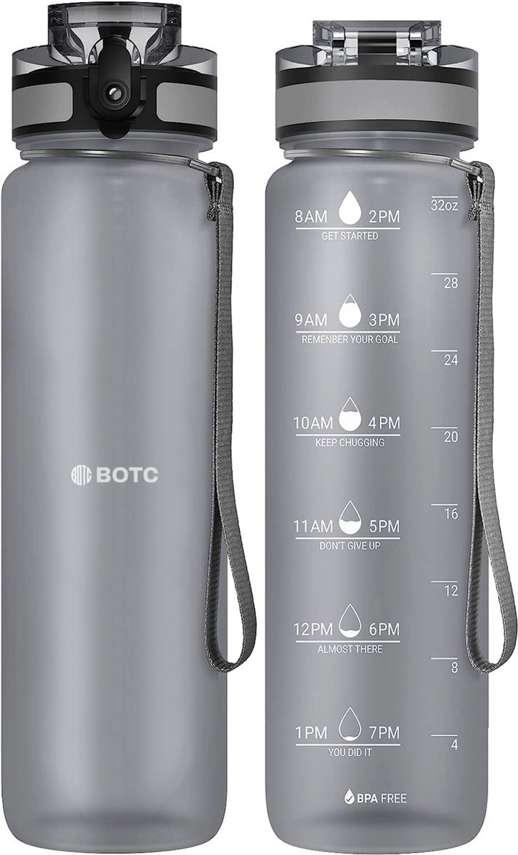 BOTC Waterfles - 1000ml - BPA vrij - Tritan - Waterfles met tijdmarkering - Zwart