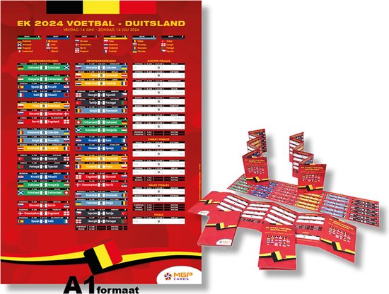 MGPcards - Schema EK voetbal 2024 - Poster - A1 - 59,4 x 84cm - Speelschema EK 2024 + 3 Lepolrello's - België Artikelen - Rode Duivels - XL Speelschema - Vaderdag - Cadeautip!