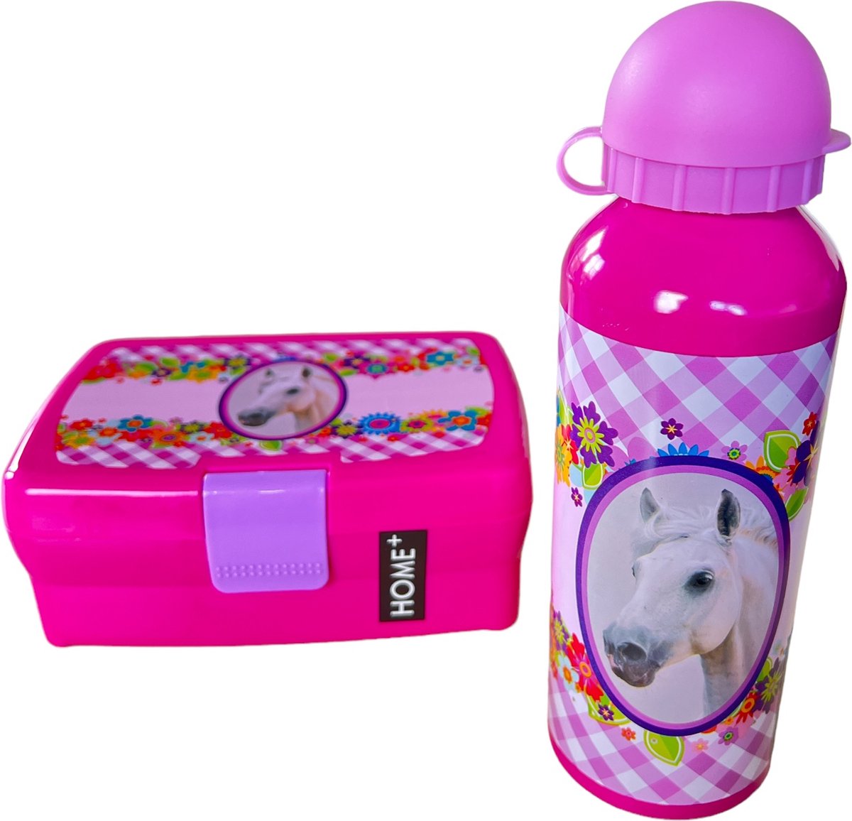 Paarden lunchbox broodtrommel met drinkfles - Roze - 11 x 8 x 5 cm
