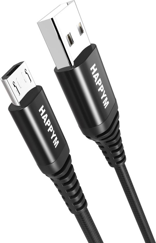 Zwarte USB-A naar Micro-USB kabel met HAPPYM logo's en gevlochten kabel.