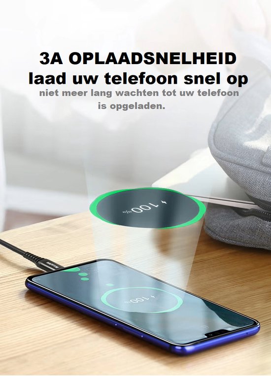 Zwarte USB-A naar Micro-USB kabel laadt een blauwe smartphone op tot 100% met 3A laadsnelheid.