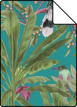 Proefstaal ESTAhome behangpapier tropische jungle bladeren en paradijsvogels petrolblauw en jungle groen - 139233 - 26,5 x 21 cm