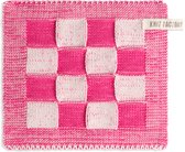 Knit Factory Gebreide Pannenlap Block - Pannenlappen gemaakt van 50% katoen & 50% acryl - Blokken motief - Traditionele look - 1 stuk - Ecru/Fuchsia - 23x23 cm