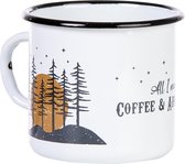 Emaille mok Coffee & Adventure met outdoor motief, wit, campingmok met spreuk, onbreekbaar en licht, 330 ml