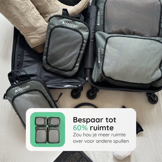 Volcan Compression Cubes d'emballage - Set organisateur de valise - Set de 4 - Avec fermeture éclair de compression - Pour sac à dos et valise - Vert botanique
