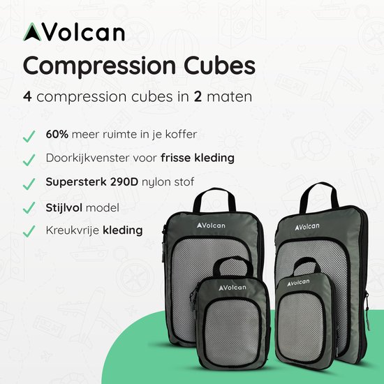 Volcan Compression Cubes d'emballage - Set organisateur de valise - Set de 4 - Avec fermeture éclair de compression - Pour sac à dos et valise - Vert botanique