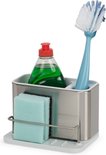 RVS gootsteen organizer met een groene zeepfles, twee lichtblauwe sponzen en een blauw met witte borstel.