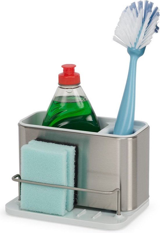 RVS gootsteen organizer met een groene zeepfles, twee lichtblauwe sponzen en een blauw met witte borstel.