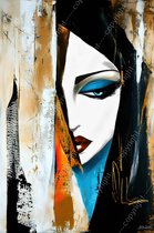 JJ-Art (Toile) 150x100 | Femme derrière le rideau, abstrait, surréalisme moderne, art | visage, bleu, noir et blanc, marron, lèvres des yeux | Impression sur toile Photo-Painting (décoration murale)
