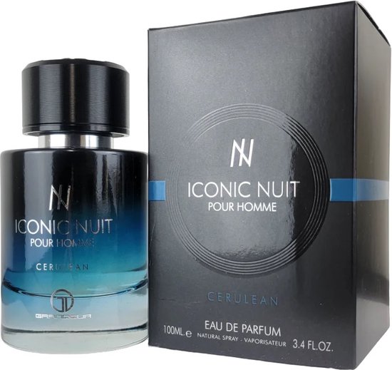 Iconic Nuit Pour Homme Cerulean eau de parfum 100ml met zwarte verpakking en blauwe accenten, naast de fles.