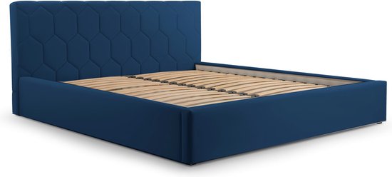 Tweepersoonsbed met fluwelen bekleding, met hoofdeinde, lattenbodem, bed voor volwassenen - BETT 02 - 140x200 - Donkerblauw (TRINITY 31)