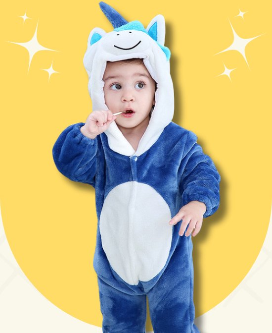 BoefieBoef Eenhoorn Blauw Dieren Onesie & Pyjama voor Baby & Dreumes en Peuter tm 18 maanden - Kinder Verkleedkleding - Dieren Kostuum Pak - Wit Unicorn