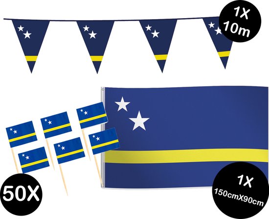Foto: Landen versiering pakket curacao gevelvlag curacao 150cmx90cm prikkertjes curacao 50stuks vlaggenlijn curacao 1stuks wereld party decoratie curacao 