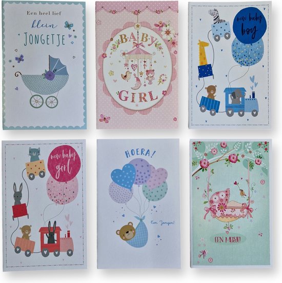 6 Cards & Crafts Geboortekaartjes | Zoon / Dochter | 12x17,5cm | Gevouwen wenskaarten inclusief enveloppen