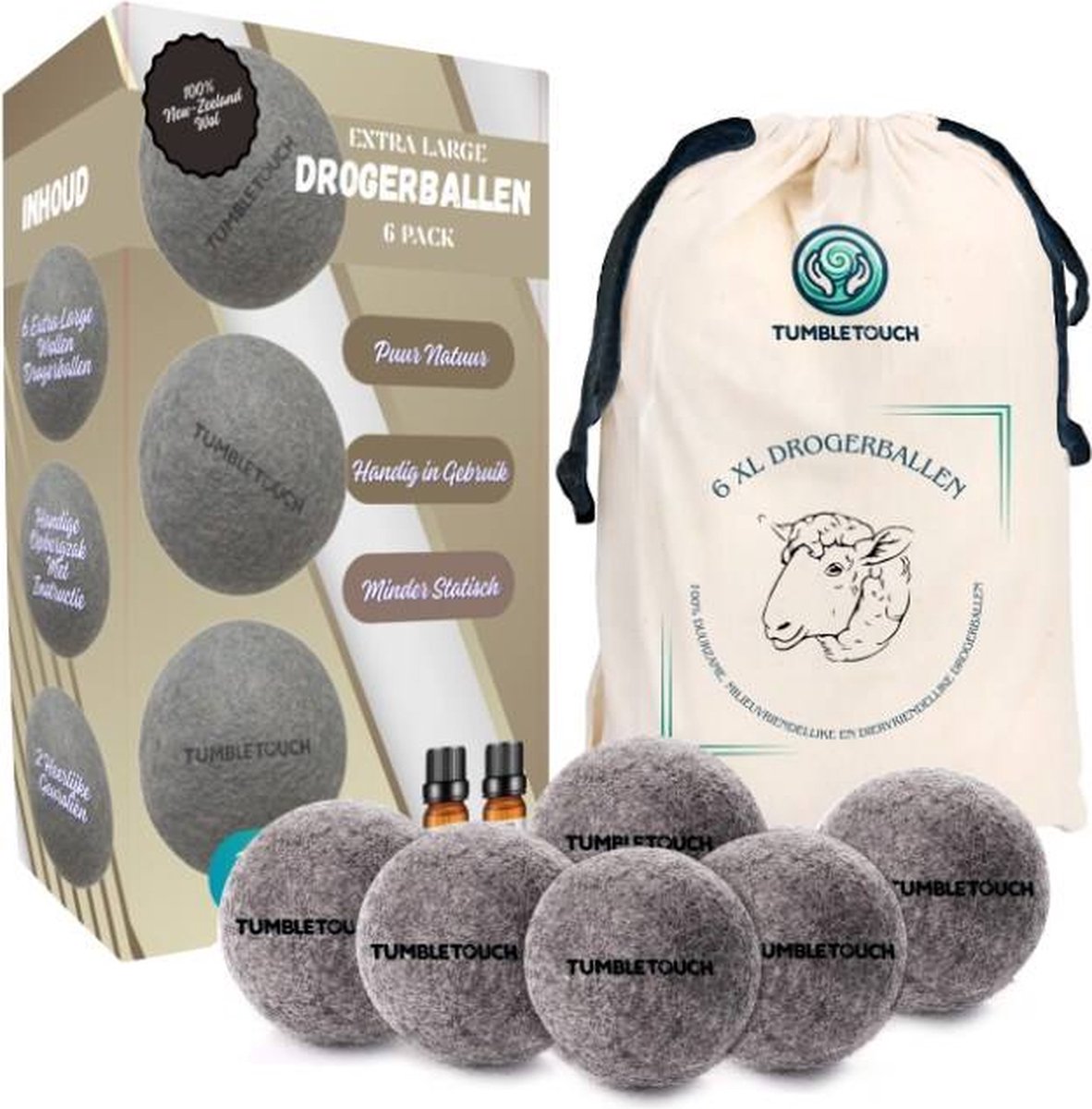 Goedkoopste TUMBLETOUCH® 6XL Drogerballen Voor Wasdrogers - Gemaakt van 100 Nieuw-Zeelandse Schapen Wol - 2 Etherische Oliën - Wasdrogerballen - Droogballen - Grijs