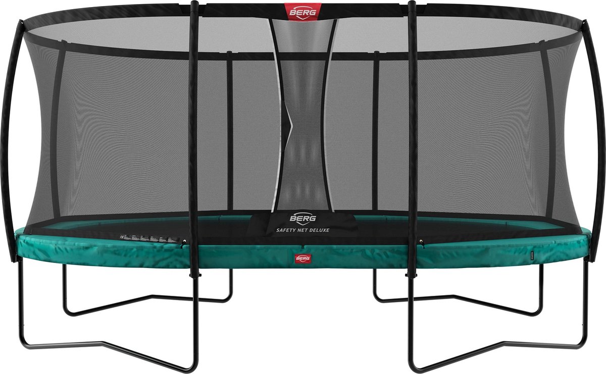 BERG Trampoline Grand Champion met Veiligheidsnet Safety Net Deluxe 470 x 310 cm Groen Voordeel pakket met Ladder en Afdekhoes Extra Strong Groen