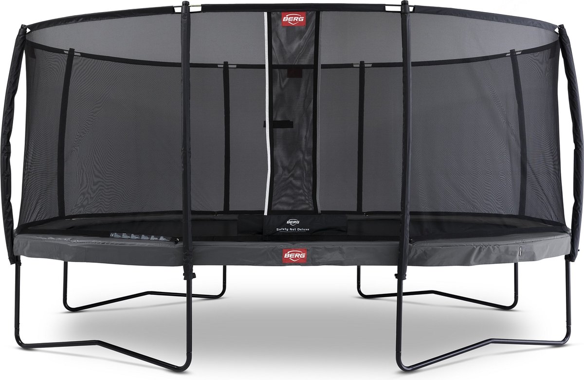 BERG Trampoline Grand Champion met Veiligheidsnet Safetynet Deluxe 350 x 250 cm Grijs TwinSpring Airflow Voordeel pakket met Ladder en Afdekhoes Groen