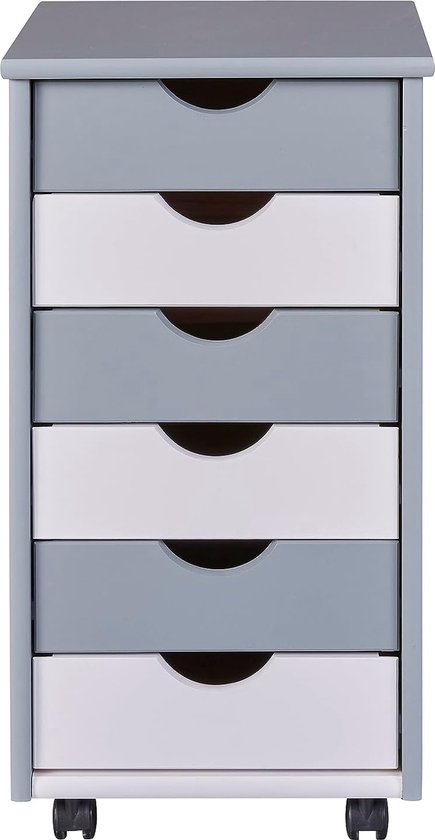 Kantoorladekast, met 6 laden, rolcontainer, massief grenenhout, grijs/wit, B x D x H: 35 x 39 x 66 cm