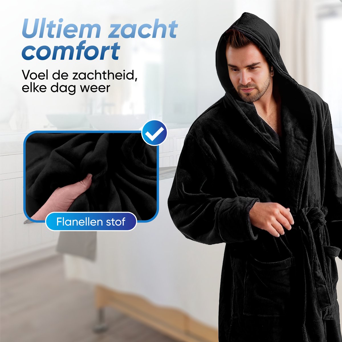 HGMD Badjas met Capuchon - Zwart - XL/XXL - Unisex - Badjas dames - Badjas heren - Wasmachine bestendig — afbeelding 5