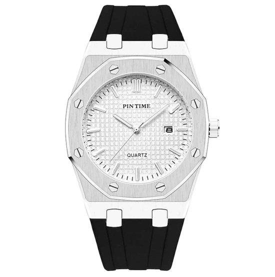 Pintime - Mannen Horloge - Zilver - Hexagonal - Royal - 44mm - Cadeau voor Hem - Oak