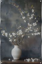 Sober en stoer: Tuinposter met bloemen van 120x80 cm in een serene, Japanse stijl met witte bloesemtakken in witte vaas; Tuinposter bloemen, Tuinschilderij bloemen, Tuindoek, Schuttingposter, Buitenposter, Modern stilleven, Tuinposter kunst