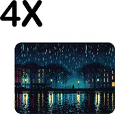 BWK Luxe Placemat - Regenachtige Nacht - Skyline - Illustratie - Set van 4 Placemats - 40x30 cm - 2 mm dik Vinyl - Anti Slip - Afneembaar