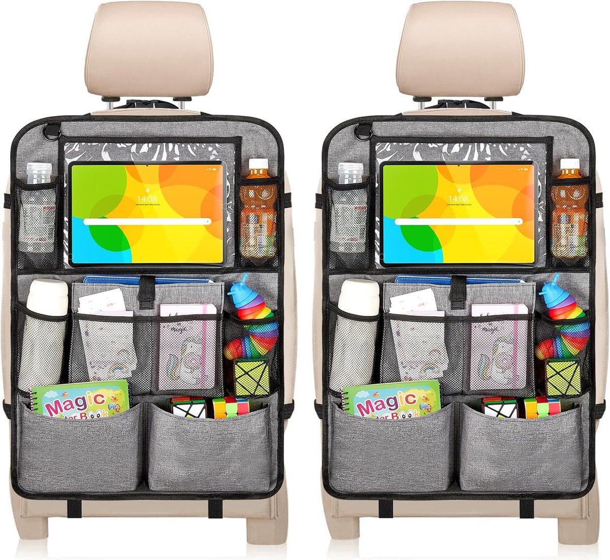Image of 2 stuks rugleuningbescherming auto kinderen autostoel organizer waterdichte Oxford achterbank organizer met 10 vakken auto rugleuningbescherming met tablet en telefoon opslag, zwart