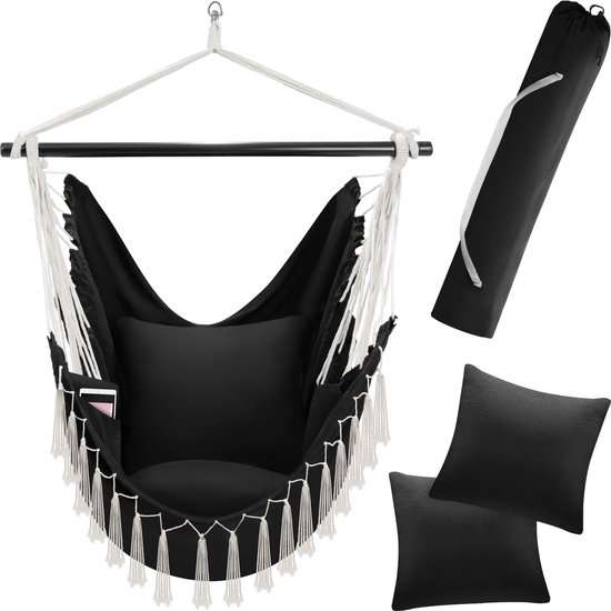 tectake® - Hangstoel Malika - extra dikke zit- en rugkussens, incl. draagtas en boekenvak - zwart