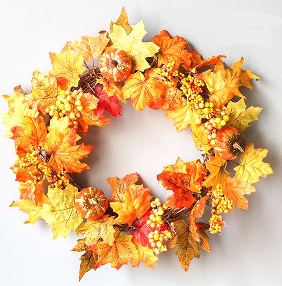 Kunstmatige herfstkrans - 50 cm - pompoenen krans - herfstbladeren esdoornblad herfstkrans - huisdeur decoratie deurkrans tafelkrans decoratie