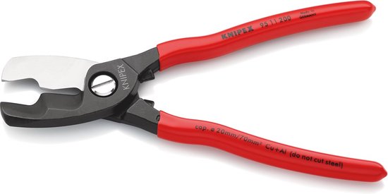 Grijze Knipex tang met rode handvatten, metalen bek en tekst 'cap. ø 20mm/70mm² Cu+Al (do not cut steel)'.