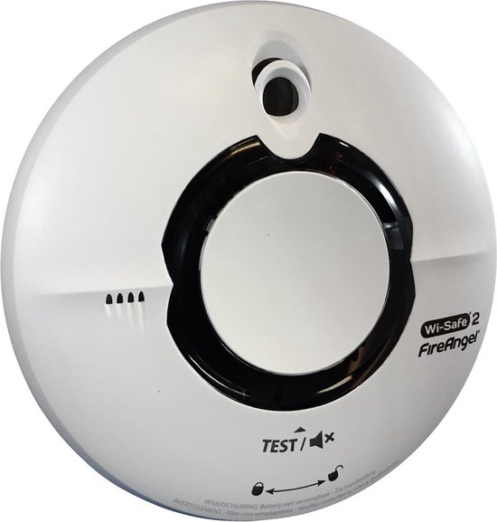 Witte, ronde Wi-Safe 2 FireAngel rookmelder met zwarte ring. 'TEST/AV' en 'WAARSCHUWING: Batterij niet vervangbaar'.