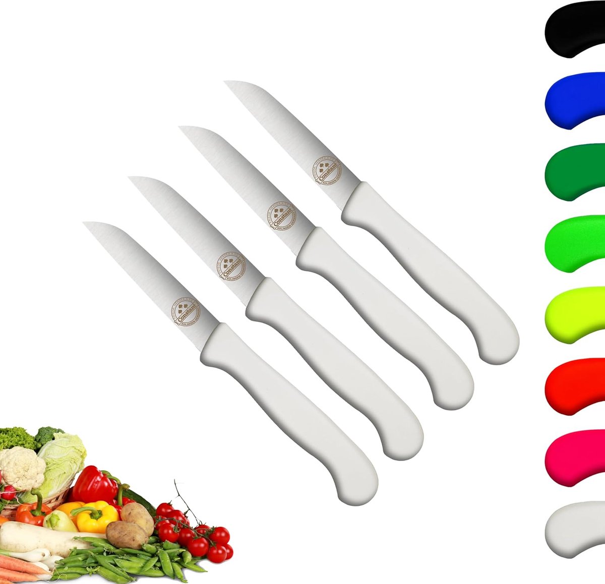 set van 4 scherpe keukenmessen, schilmes, wit, schilmes, 8 cm, handaftrek, dun geslepen, superscherp, vaatwasmachinebestendig
