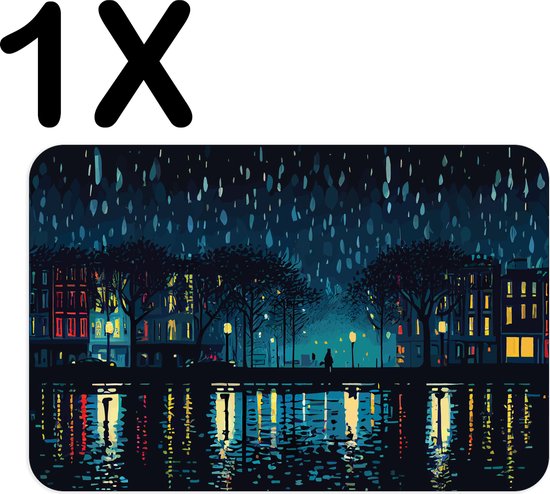 BWK Luxe Placemat - Regenachtige Nacht - Skyline - Illustratie - Set van 1 Placemats - 45x30 cm - 2 mm dik Vinyl - Anti Slip - Afneembaar