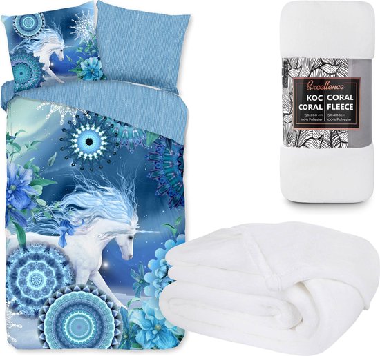 Housse de couette Flanelle - Unicorn- bleu/blanc - 140x200/220 - coton - avec grande couverture polaire blanche 150x200cm !