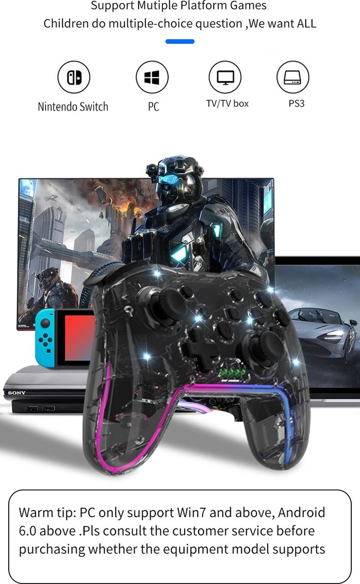 Meedeer Pro Controller Draadloos - Turbo Knop -- RGB Verlichting - Geschikt voor Nintendo Switch Controllers - Controller Switch Support Turbo - up-functie en verstelbare LED (transparant Wit) – foto 4