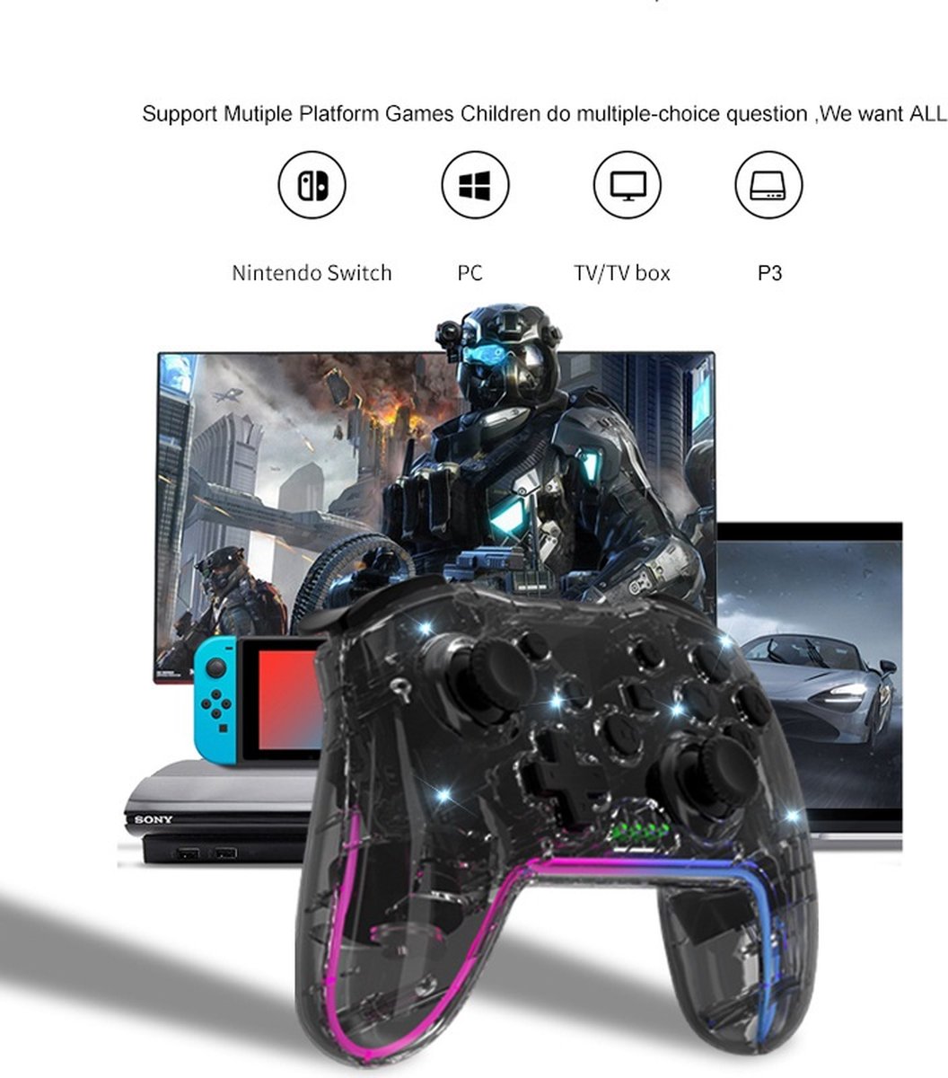 Meedeer Pro Controller Draadloos - Turbo Knop -- RGB Verlichting - Geschikt voor Nintendo Switch Controllers - Controller Switch Support Turbo - up-functie en verstelbare LED (transparant Wit) – foto 8