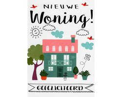 Een nieuwe woning! Van harte gefeliciteerd! Een kleurrijke kaart met een zonnetje, wolken, vogels, bomen en planten om het huis heen. Leuk zo te geven of om bij een cadeau te voegen. Een dubbele wenskaart inclusief envelop en in folie verpakt.